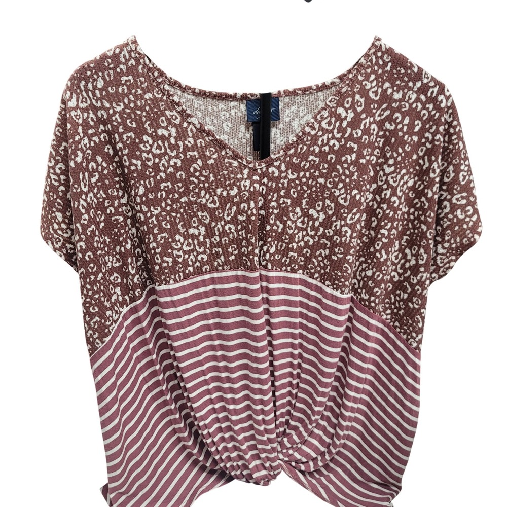 Oversized Daytrip‎ Womens Burgundy White Stripe Leopard Print Twist Front Top Sm